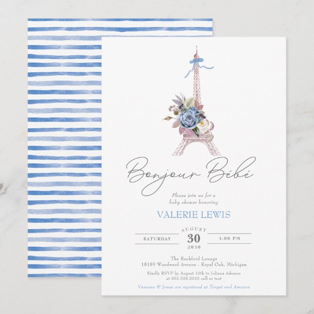 Bonjour Bebe Paris French Blue Eiffel Baby Shower Invitation (Front/Back)