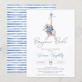 Bonjour Bebe Paris French Blue Stripe Baby Shower Invitation