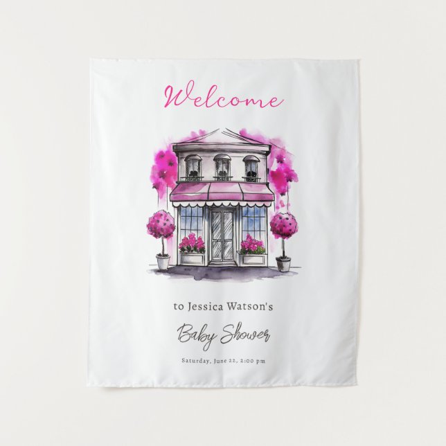 Bonjour Bebe Paris French Pink Black Baby Shower Tapestry (Front)