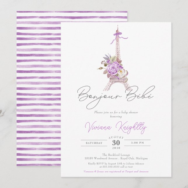 Bonjour Bebe Paris French Stripe Baby Shower Invitation (Front/Back)