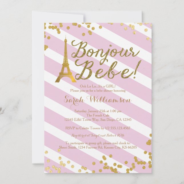 Bonjour Bebe Paris Girl Baby shower Invitation 2 (Devant)