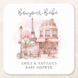 Bonjour Bebe Paris Patisserie Baby Shower Square Paper Coaster
