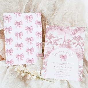 Bonjour bebe Pink Bow Toile de jouy baby shower Invitation