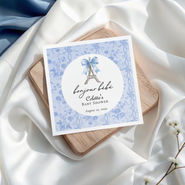 Bonjour Bebe Romantic Blue French Toile  Napkin (Bonjour Bebe French Eiffel Tower Boy Baby Shower Cocktail Napkin)
