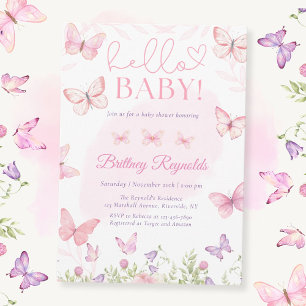 Bonjour Bébé rose papillon Baby shower Invitation