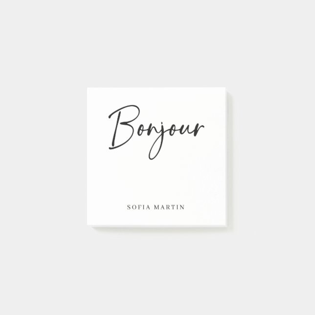 Bonjour | Black and White Elegant French Script Post-it Notes (Front)