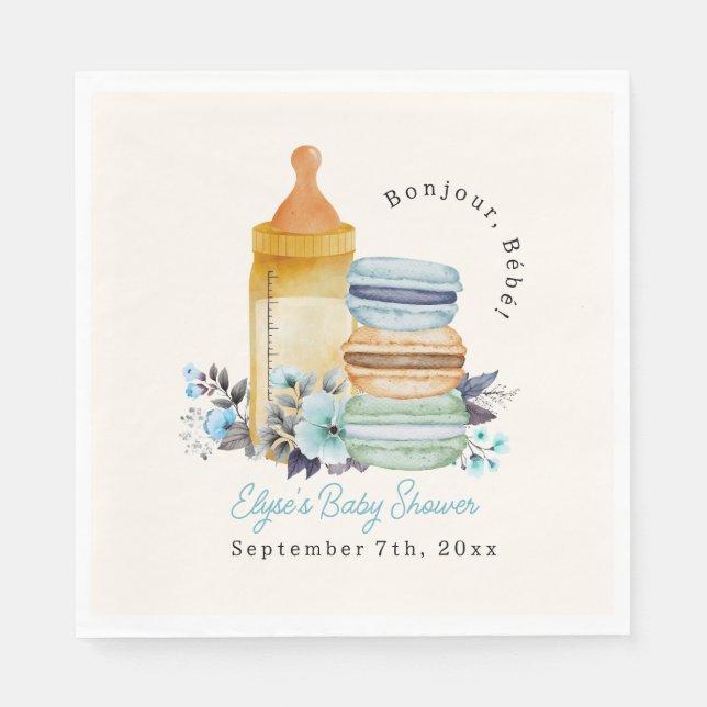 Bonjour Blue Macarons Milk Floral Boy Baby Shower Napkin (Front)