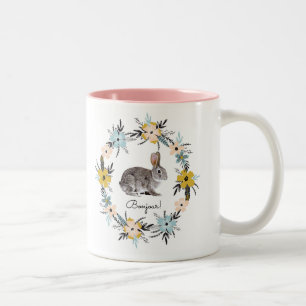 Bonjour! Bunny and Spring Flower Wreath Gift Mugs