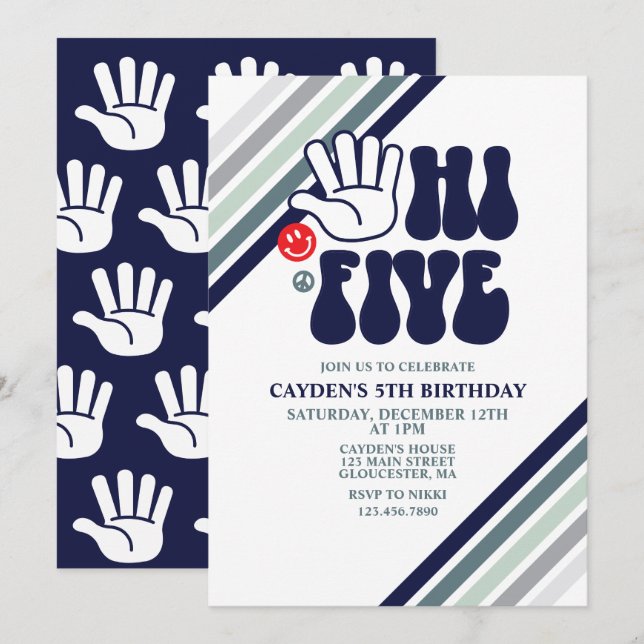 Bonjour cinq rayures rétro anniversaire Invitation (Devant / Derrière)