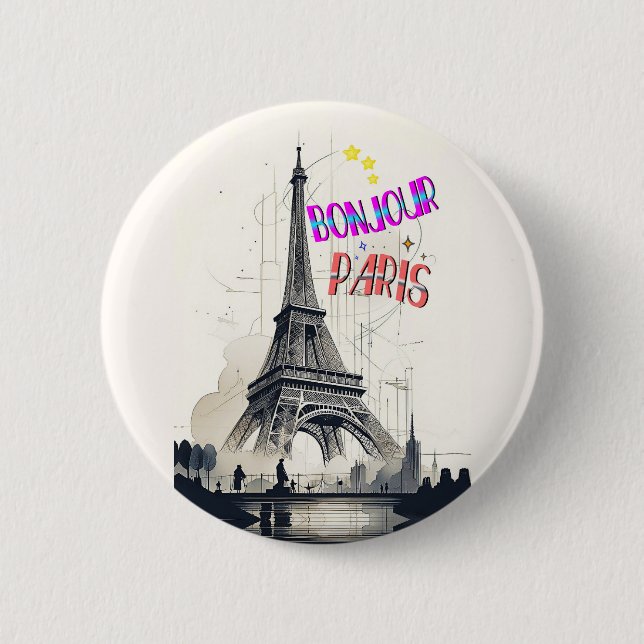 Bonjour Colourful Paris 2 Inch Round Button (Front)