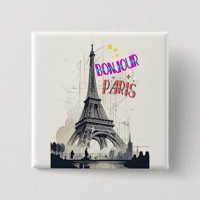 Bonjour Colourful Paris 2 Inch Square Button (Front)