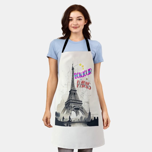 Bonjour Colourful Paris Apron (Worn)