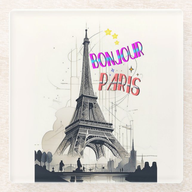 Bonjour Colourful Paris Glass Coaster (Front)