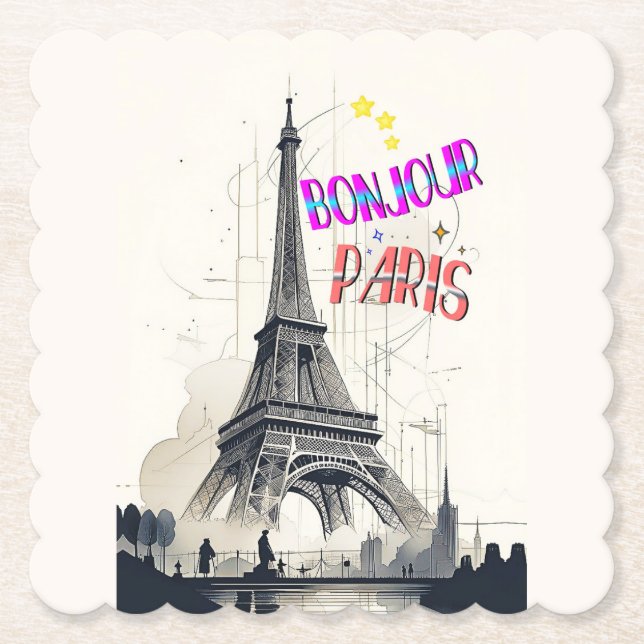 Bonjour Colourful Paris Paper Coaster (Front)