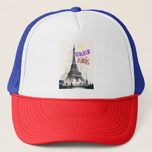 Bonjour Colourful Paris Trucker Hat (Front)