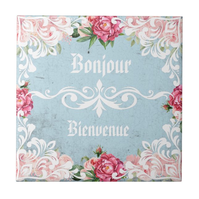 Bonjour Custom text trendy french vintage Ephemera Tile (Front)