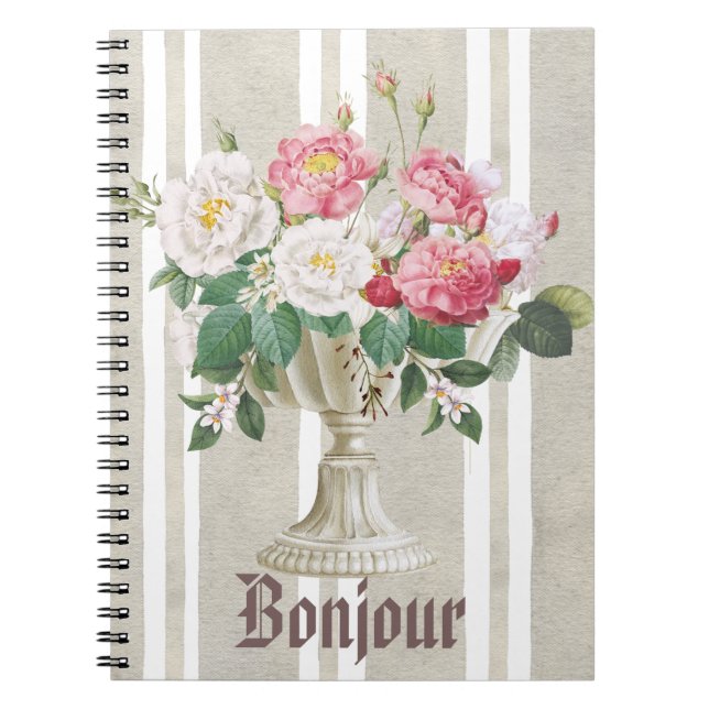 Bonjour cute rustic and romantic botanical French Notebook (Front)