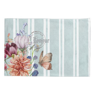 Bonjour Decorative cheerful floral Blue stripped Pillowcase