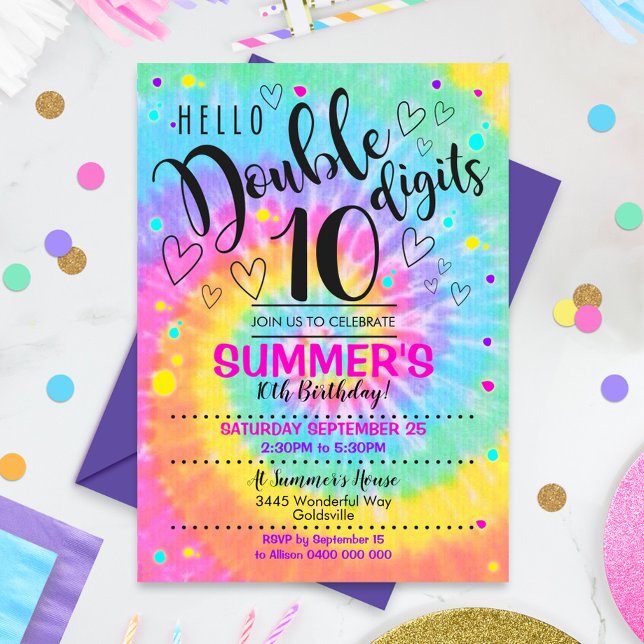 Bonjour Double Chiffres Fête Invitation Tie Dye 10 (Hello Double Digits Party Invitation)