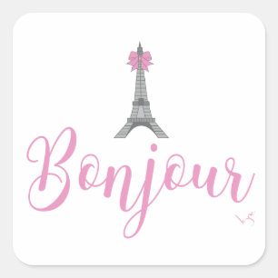 Bonjour-Eiffel Tower Bow Unique Square Sticker