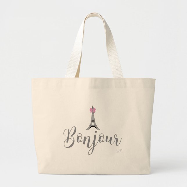 Bonjour-Eiffel Tower Pink Bow Large Tote Bag (Front)