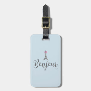 Bonjour-Eiffel Tower Pink Bow Luggage Tag
