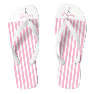 Bonjour Eiffel Tower Pink Stripes Flip Flops
