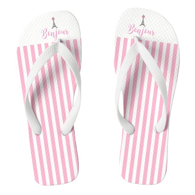 Bonjour Eiffel Tower Pink Stripes Flip Flops (Footbed)