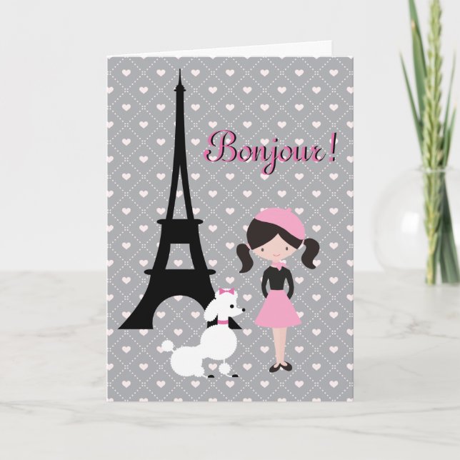 Bonjour Eiffel Tower, Poodle and Girl Birthday Card (Front)