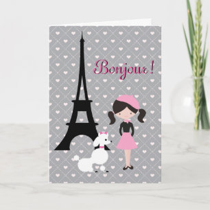 Bonjour Eiffel Tower, Poodle and Girl Birthday Card