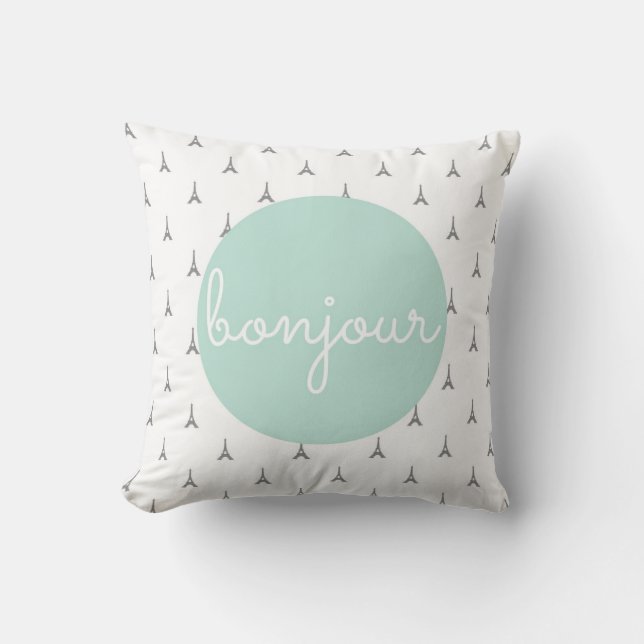 Bonjour Eiffel Tower print in gray Throw Pillow (Front)