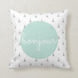 Bonjour Eiffel Tower print in grey Throw Pillow