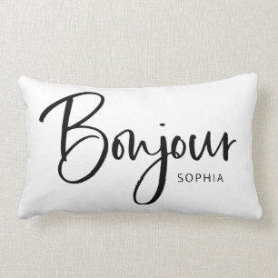 Bonjour   Elegant and Modern Black French Script Lumbar Pillow