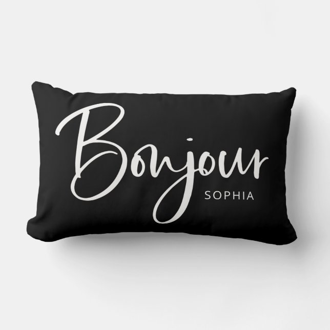 Bonjour | Elegant and Modern French Script Lumbar Pillow (Front)