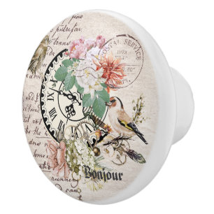 Bonjour elegant frenchy rustic paper Botanical Ceramic Knob