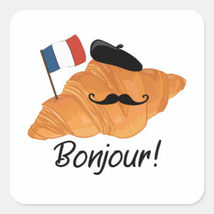 Bonjour French Croissant - France Funny Food Square Sticker