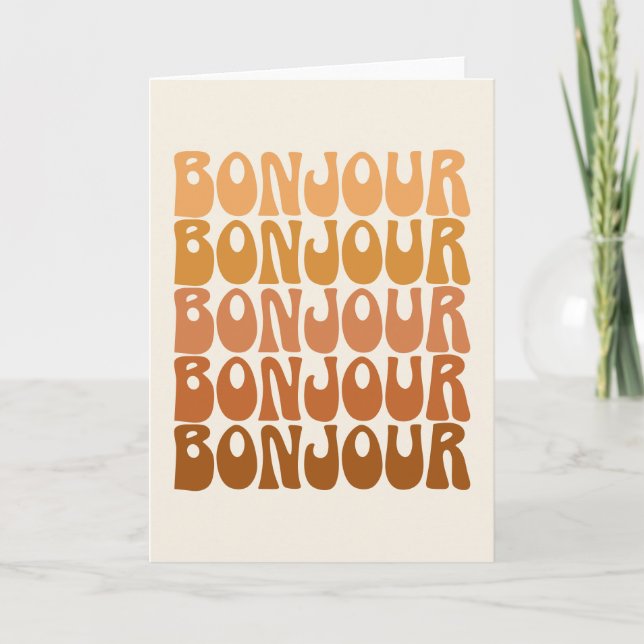 Bonjour | French Hello in Brown Groovy Typography  Card (Front)