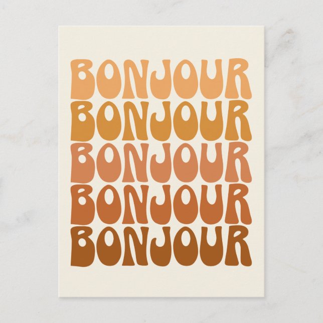 Bonjour | French Hello in Brown Groovy Typography Postcard (Front)