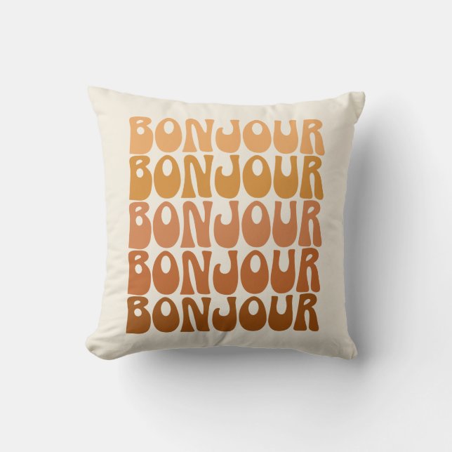 Bonjour French Hello Retro 70s Groovy Typography  Throw Pillow (Front)