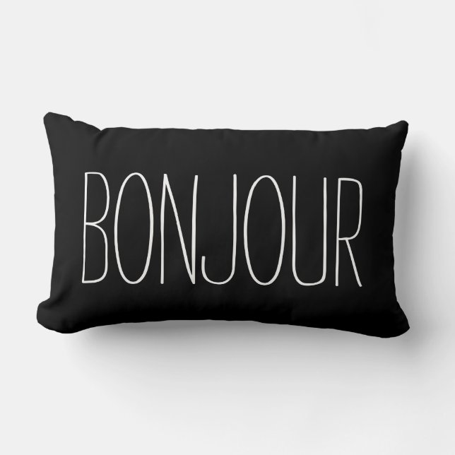 Bonjour French Typography Black and White Quote Lumbar Pillow (Front)