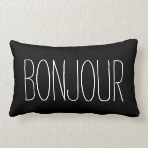 Bonjour French Typography Black and White Quote Lumbar Pillow