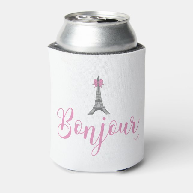 Bonjour-grey-Eiffel-Tower-pink-bow2 Can Cooler (Can Back)
