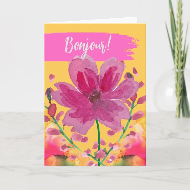Bonjour Hello in French Watercolor Flowers Card (Front)