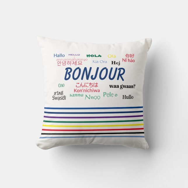 Bonjour Hello Multiple Languages Stripes Throw Pillow (Front)