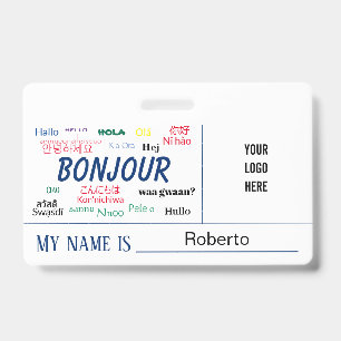 Bonjour Hello World Many Languages Logo Name Badge