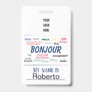 Bonjour Hello World Travel Languages Colourful Nam Badge