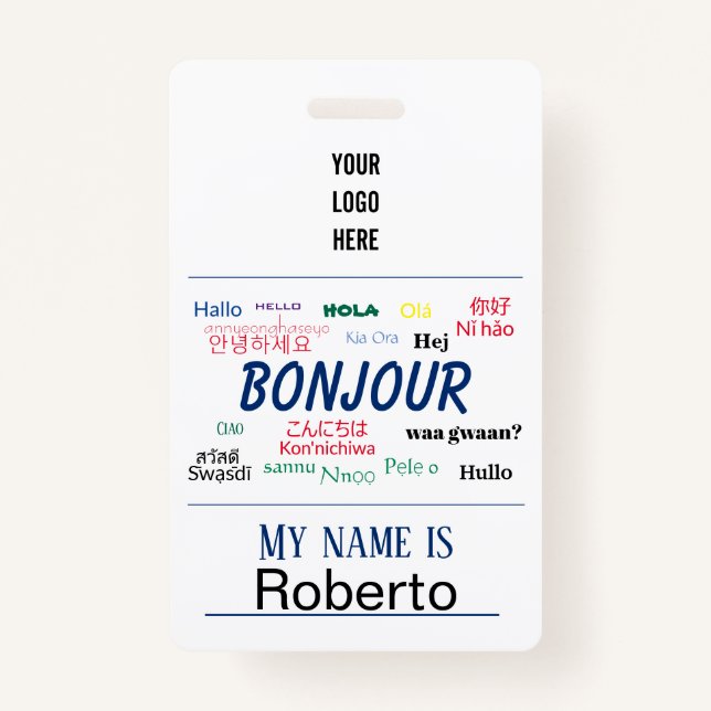 Bonjour Hello World Travel Languages Colourful Nam Badge (Front)