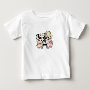 "Bonjour" in a chic French font, with Eiffel Tower Baby T-Shirt
