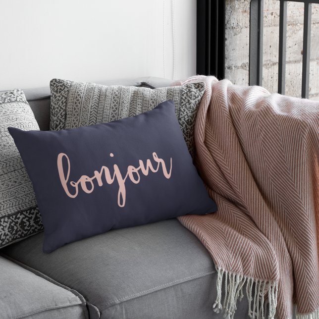 Bonjour Navy & Pink Peach Decorative Pillow (Creator Uploaded)