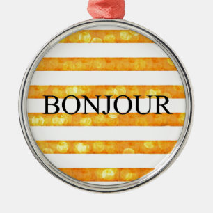 Bonjour Orange Stripe Bokeh Metal Ornament